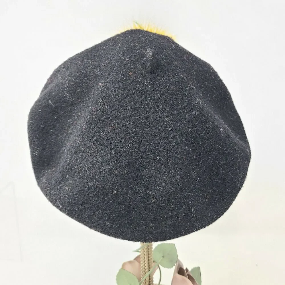 Vintage Yellow Feather Womens Black 100% Wool Basque Beret Christina NYC Artsy